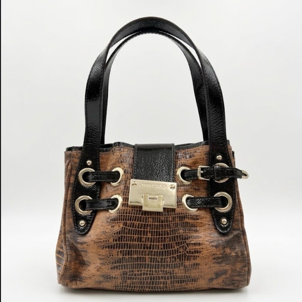 Jimmy Choo Riki Snake-Embossed Leather Satchel - Brown/Black